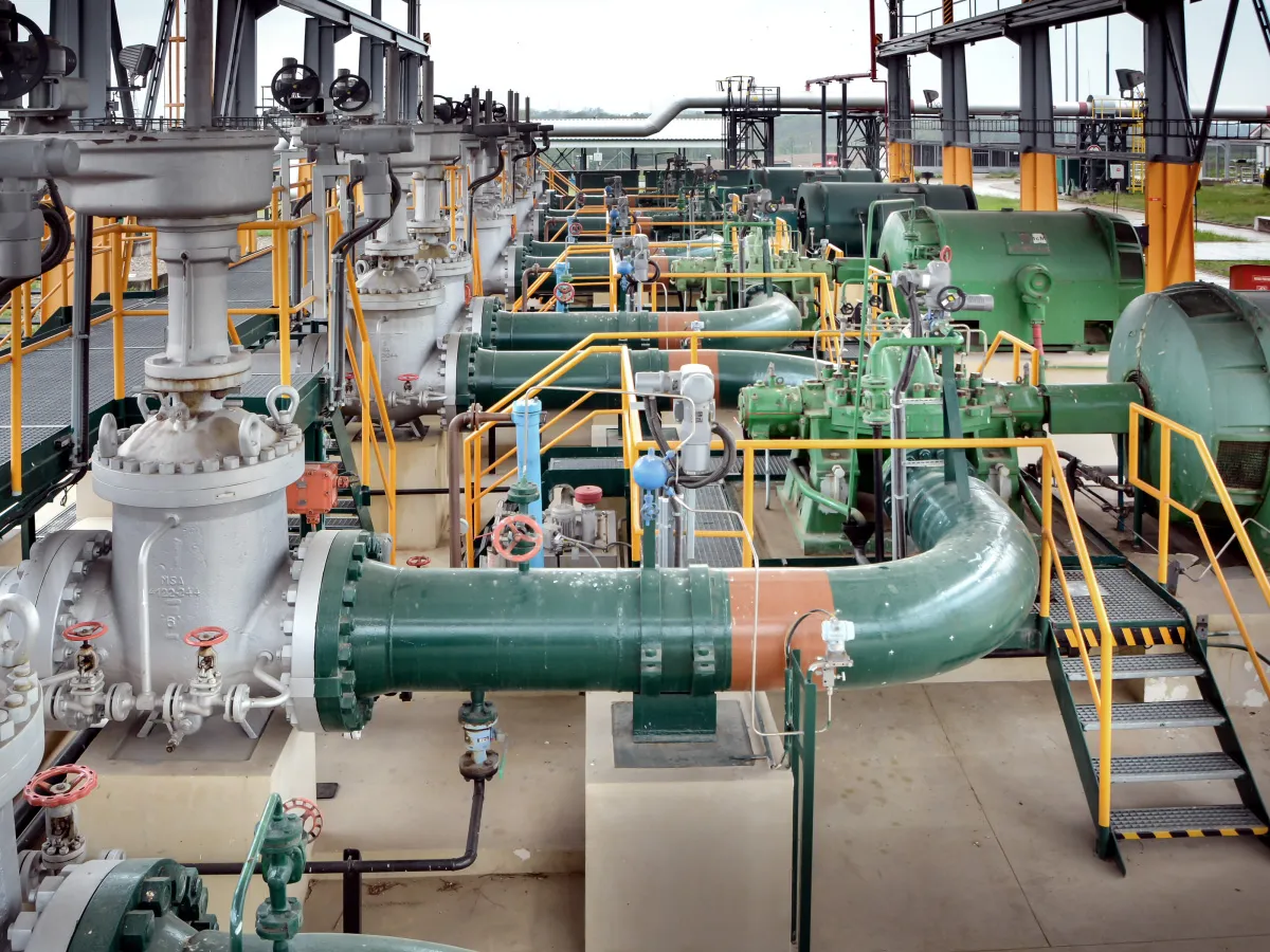 Pumping station. Green pipe.