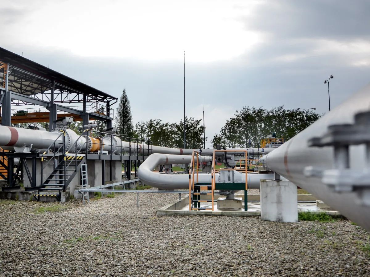 Pumping station. Green pipe.